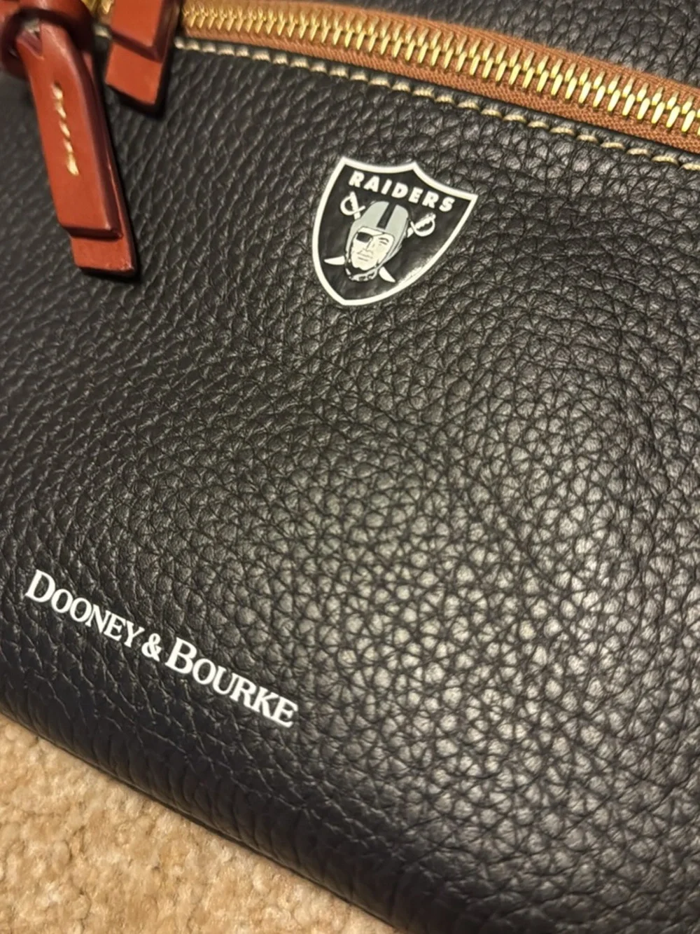 Dooney & Bourke Black Leather Raiders Crossbody with Brown Trim